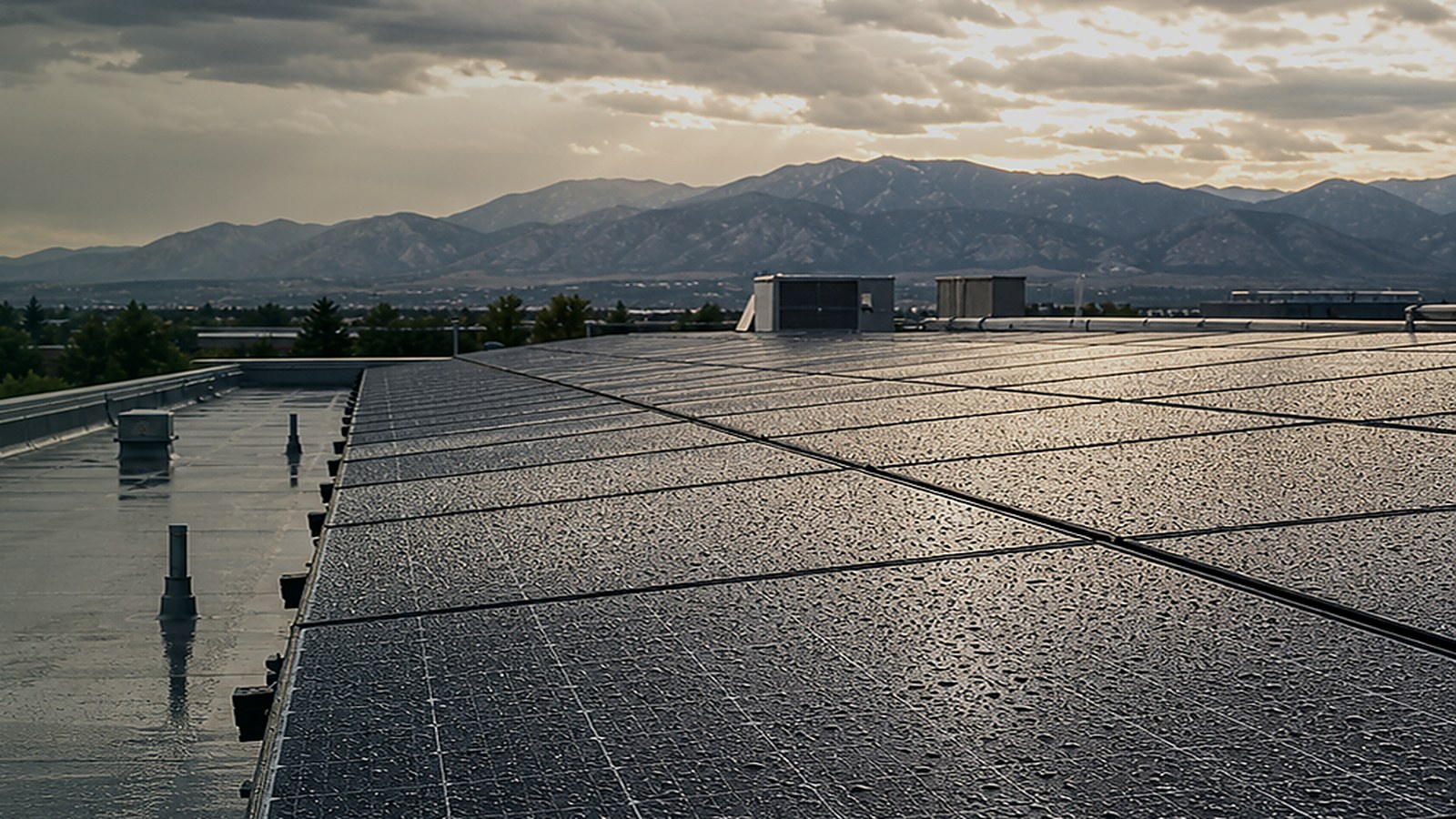 Commercial rooftop solar panels after rain on the Colorado Front Range