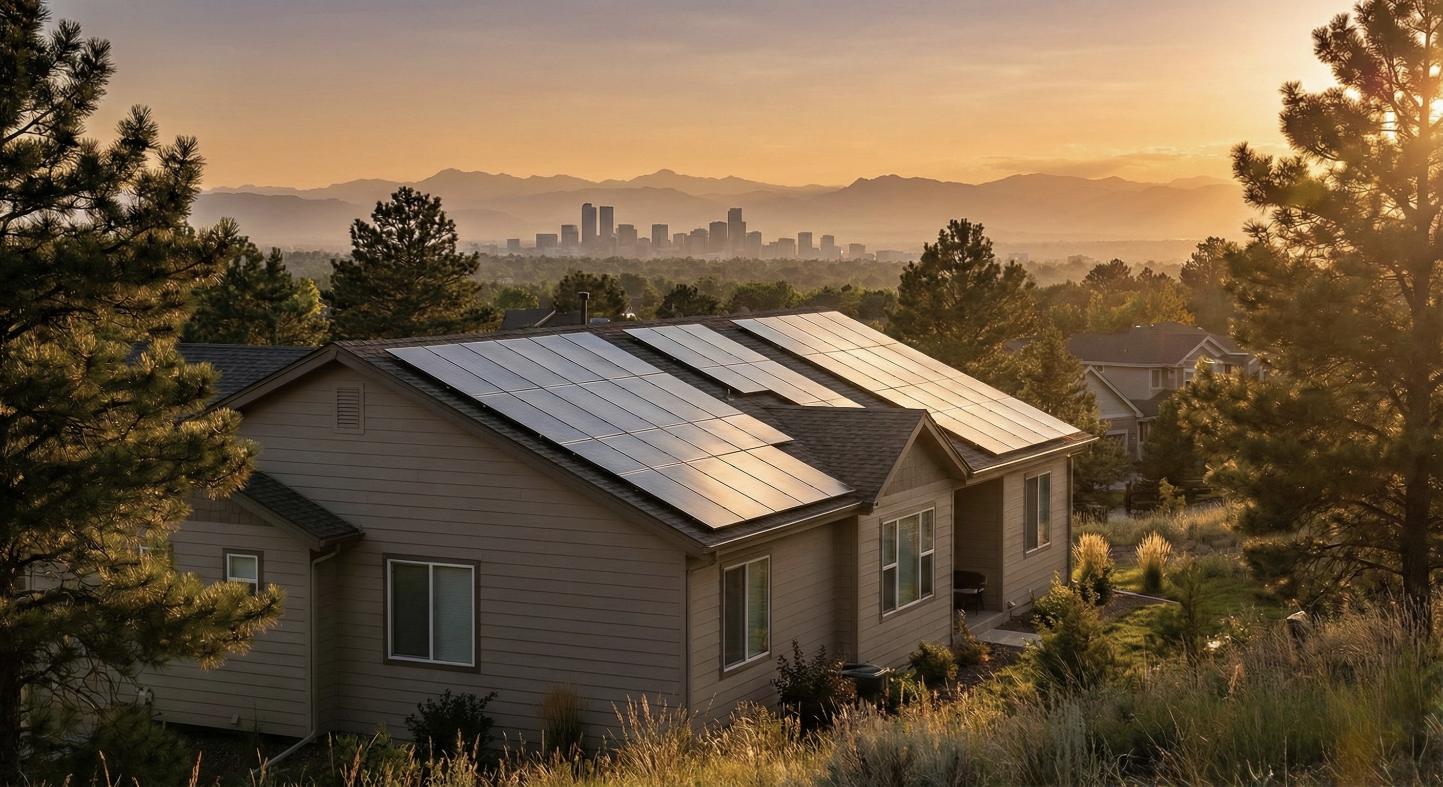 Colorado home with clean solar panels and Denver skyline