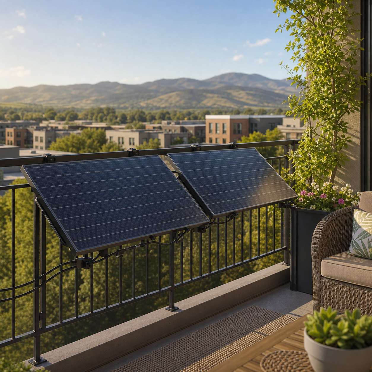 Balcony plug-in solar panels mounted on a Colorado apartment railing with Front Range mountains in the background